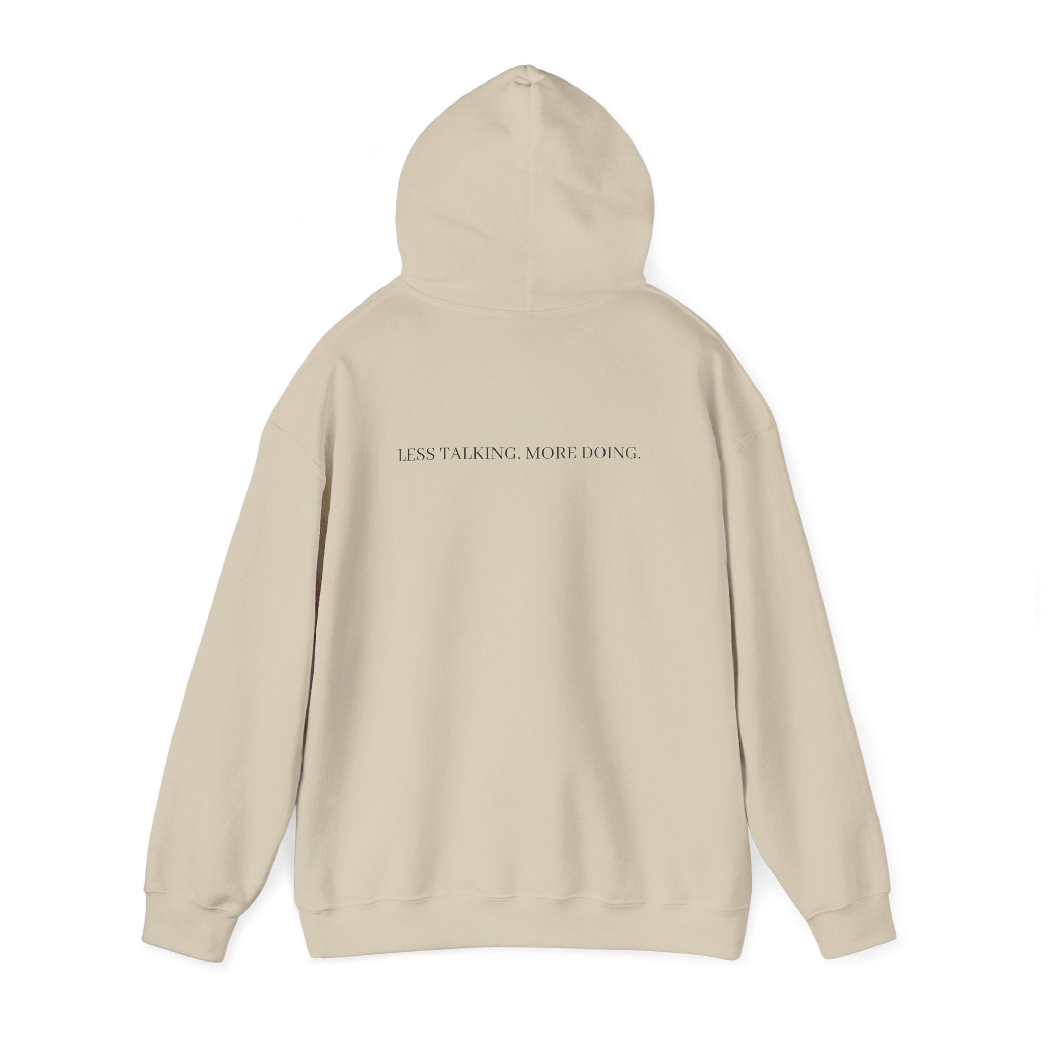 Less Talking More Doing Hoodie — Motivational White Pullover
