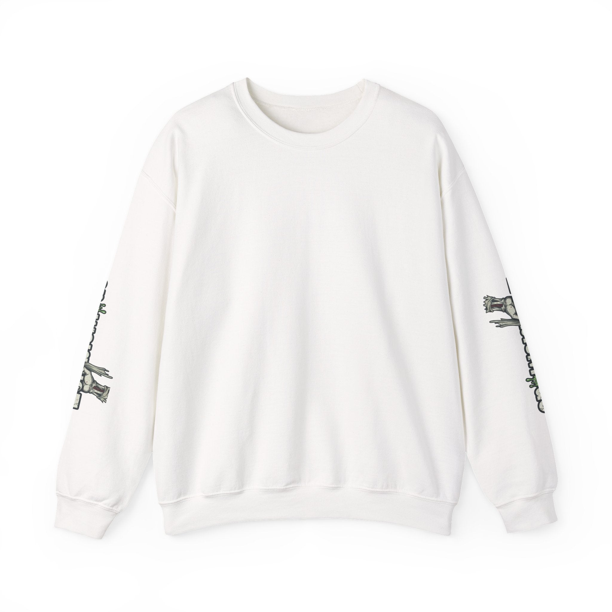 ZombieMood Crewneck Sweatshirt — Graphic Zombie Head Back Print with Sleeve Logos