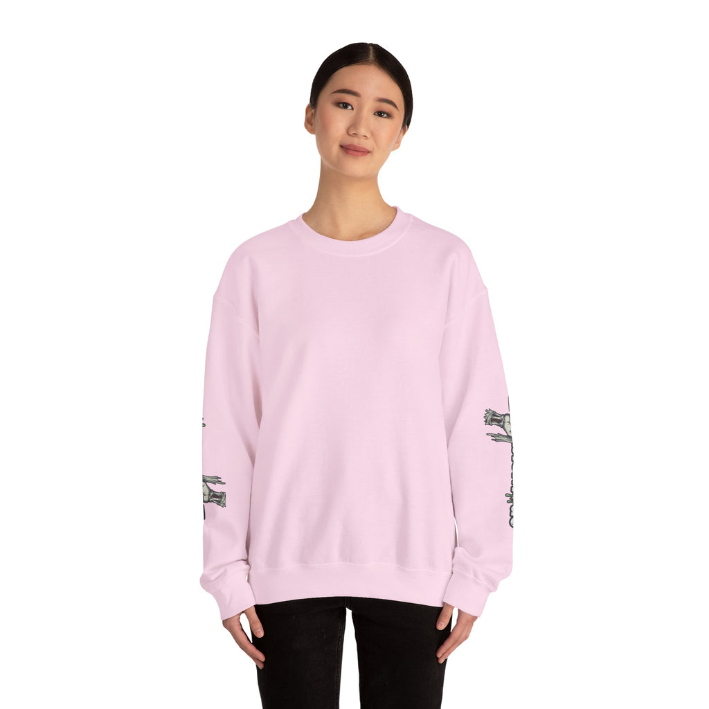 ZombieMood Crewneck Sweatshirt — Graphic Zombie Head Back Print with Sleeve Logos