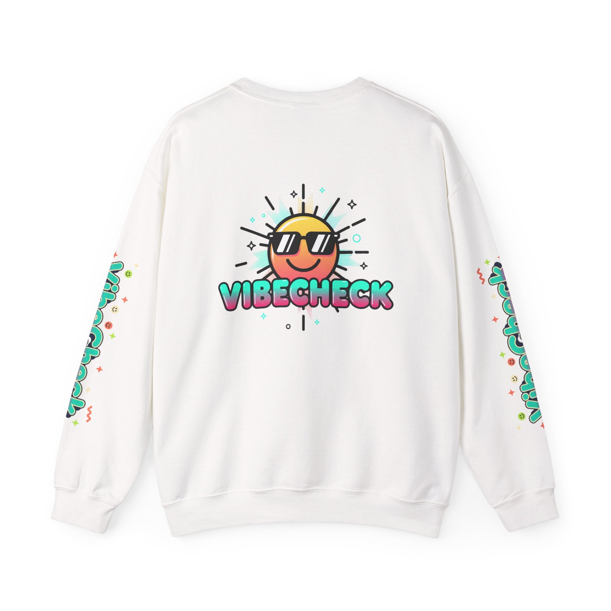 Vibecheck Crewneck Sweatshirt — Retro Sun Graphic Pullover