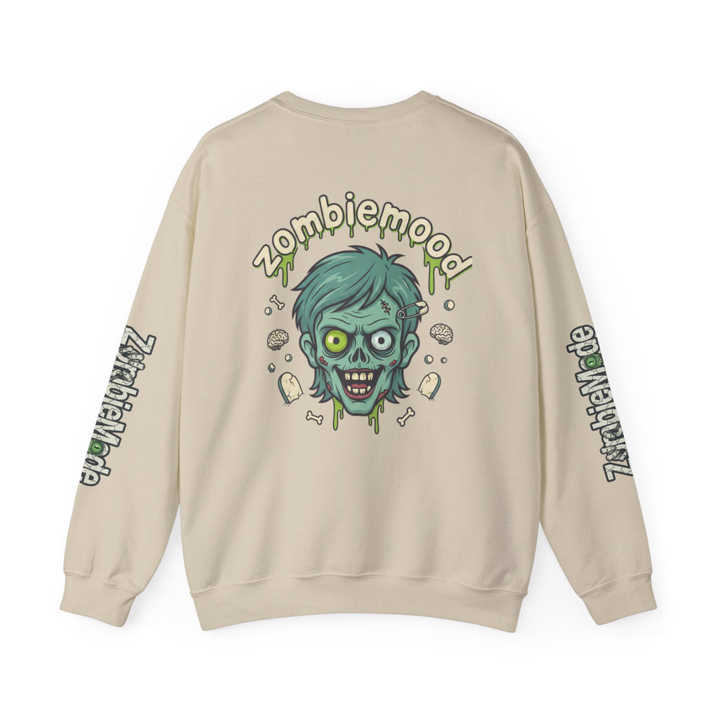 ZombieMood Crewneck Sweatshirt — Graphic Zombie Head Back Print with Sleeve Logos