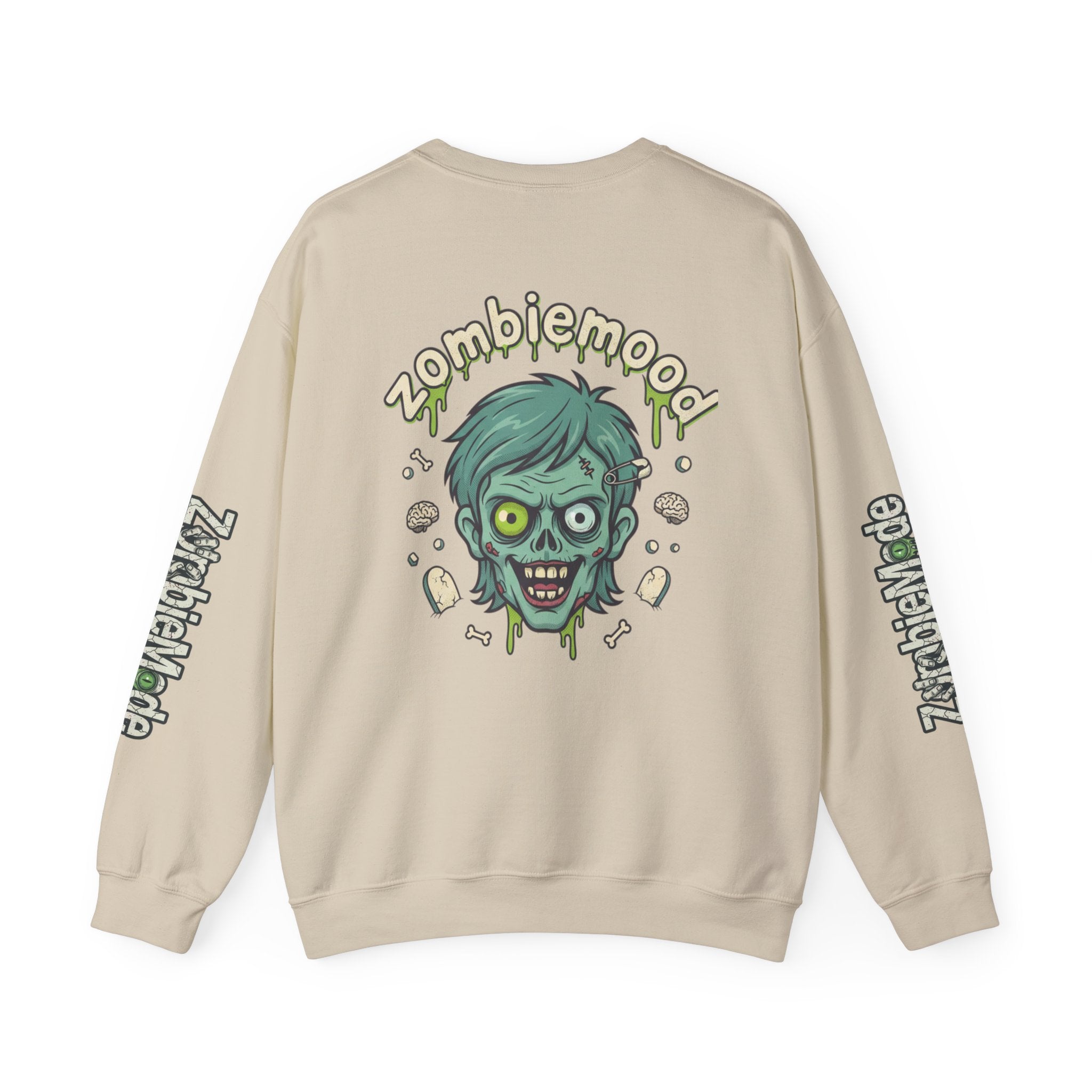ZombieMood Crewneck Sweatshirt — Graphic Zombie Head Back Print with Sleeve Logos