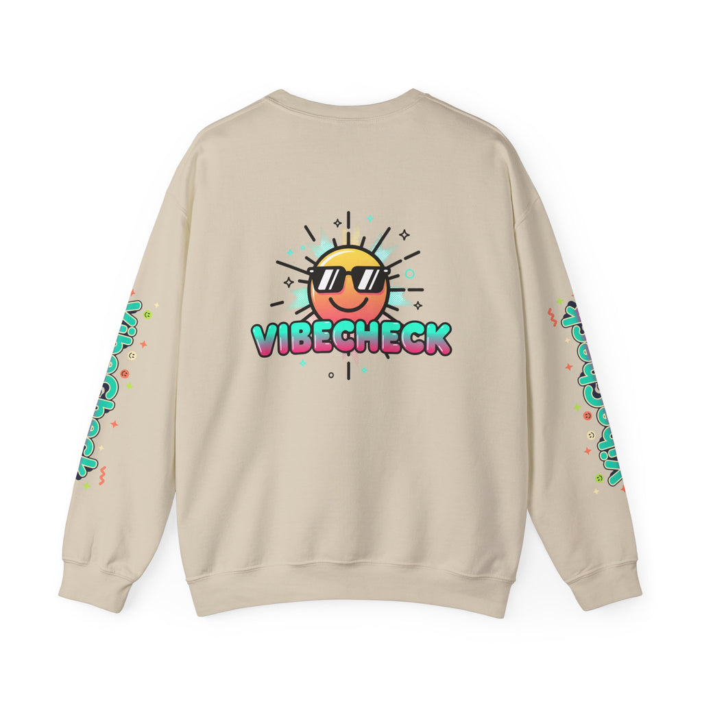Vibecheck Crewneck Sweatshirt — Retro Sun Graphic Pullover