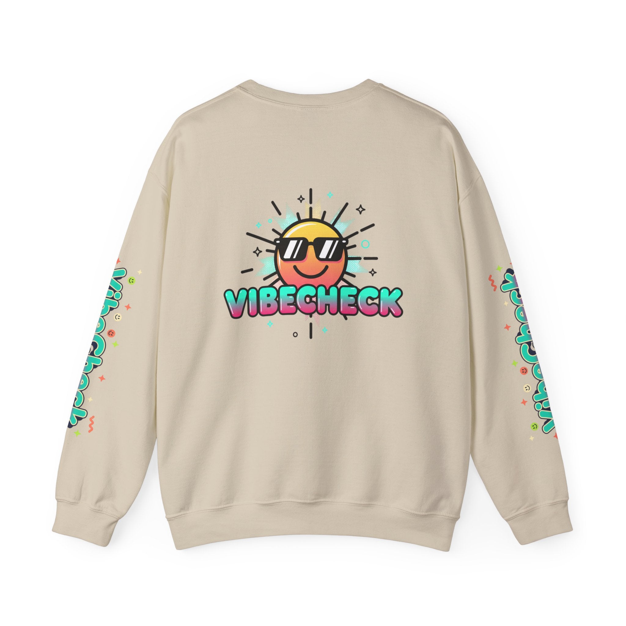 Vibecheck Crewneck Sweatshirt — Retro Sun Graphic Pullover