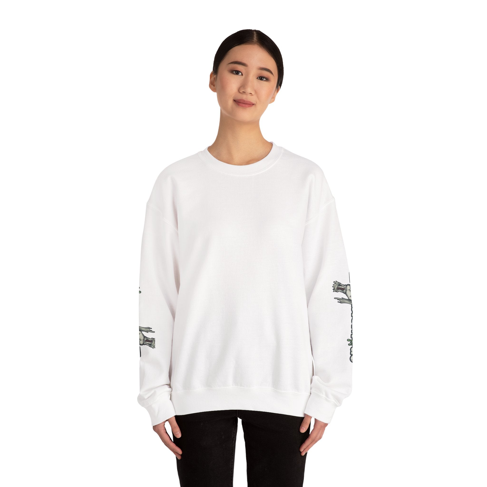 ZombieMood Crewneck Sweatshirt — Graphic Zombie Head Back Print with Sleeve Logos