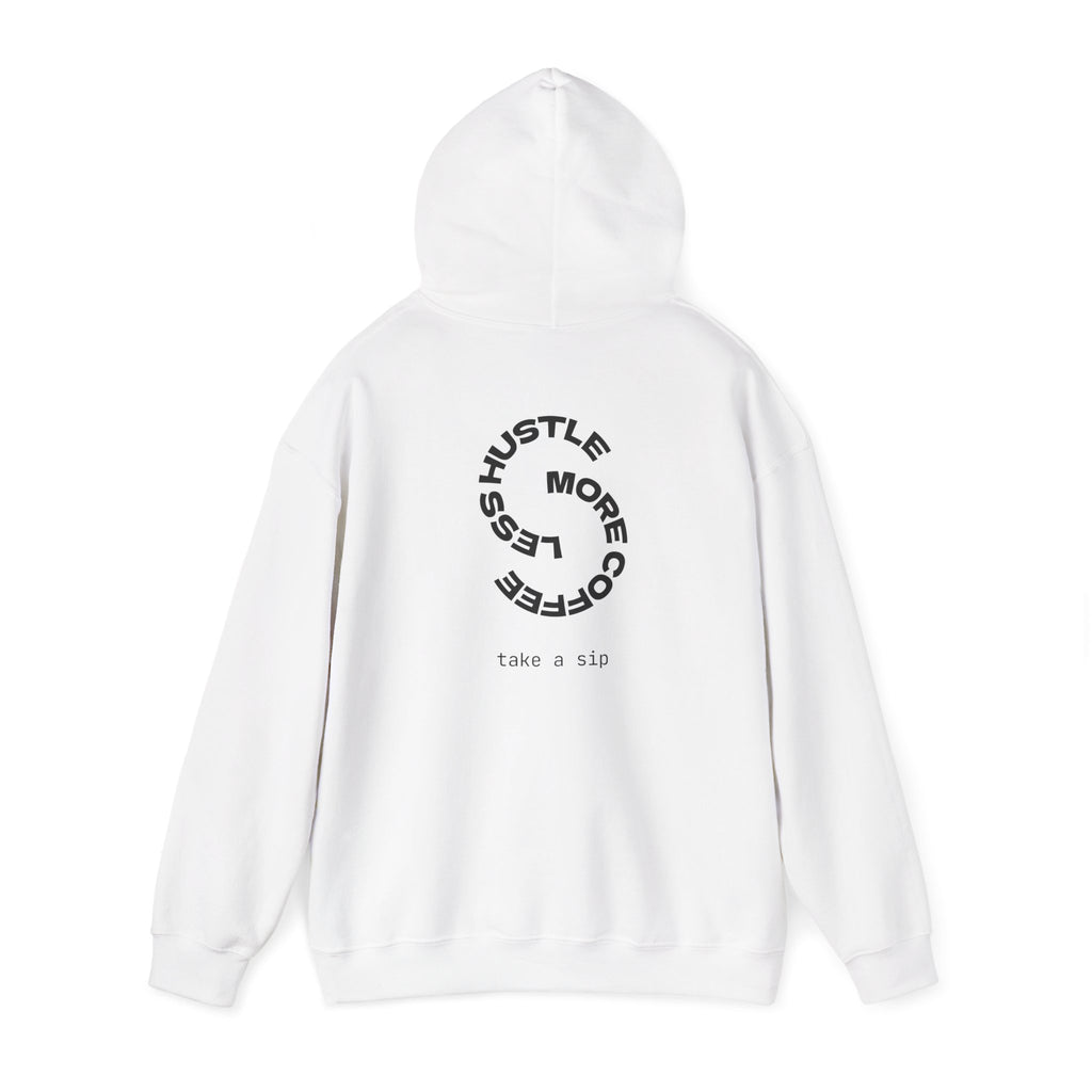 Coffee Lover Hoodie — “More Coffee Less Hustle” Minimal White Pullover