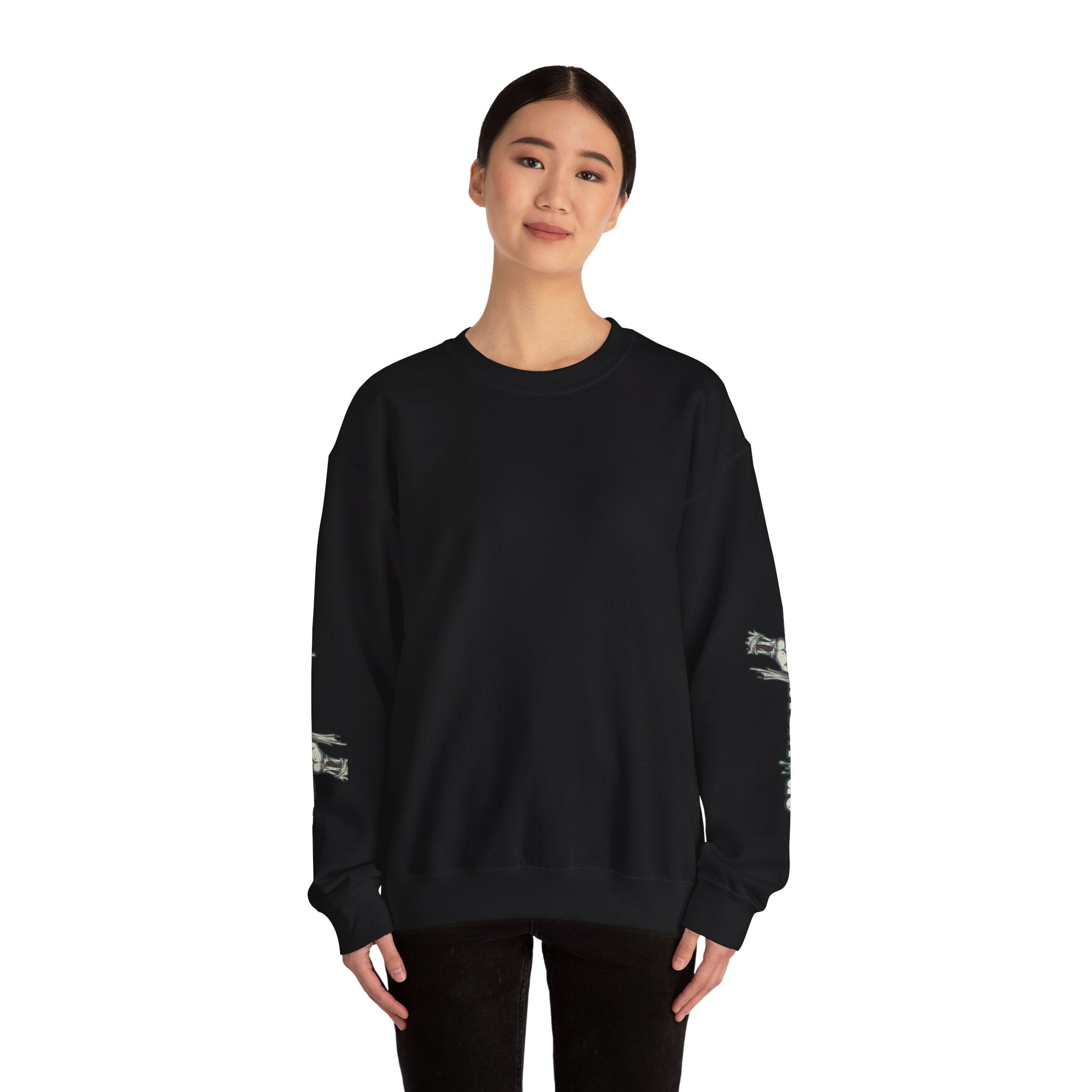 ZombieMood Crewneck Sweatshirt — Graphic Zombie Head Back Print with Sleeve Logos
