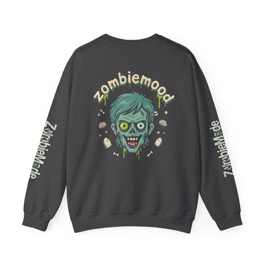 ZombieMood Crewneck Sweatshirt — Graphic Zombie Head Back Print with Sleeve Logos