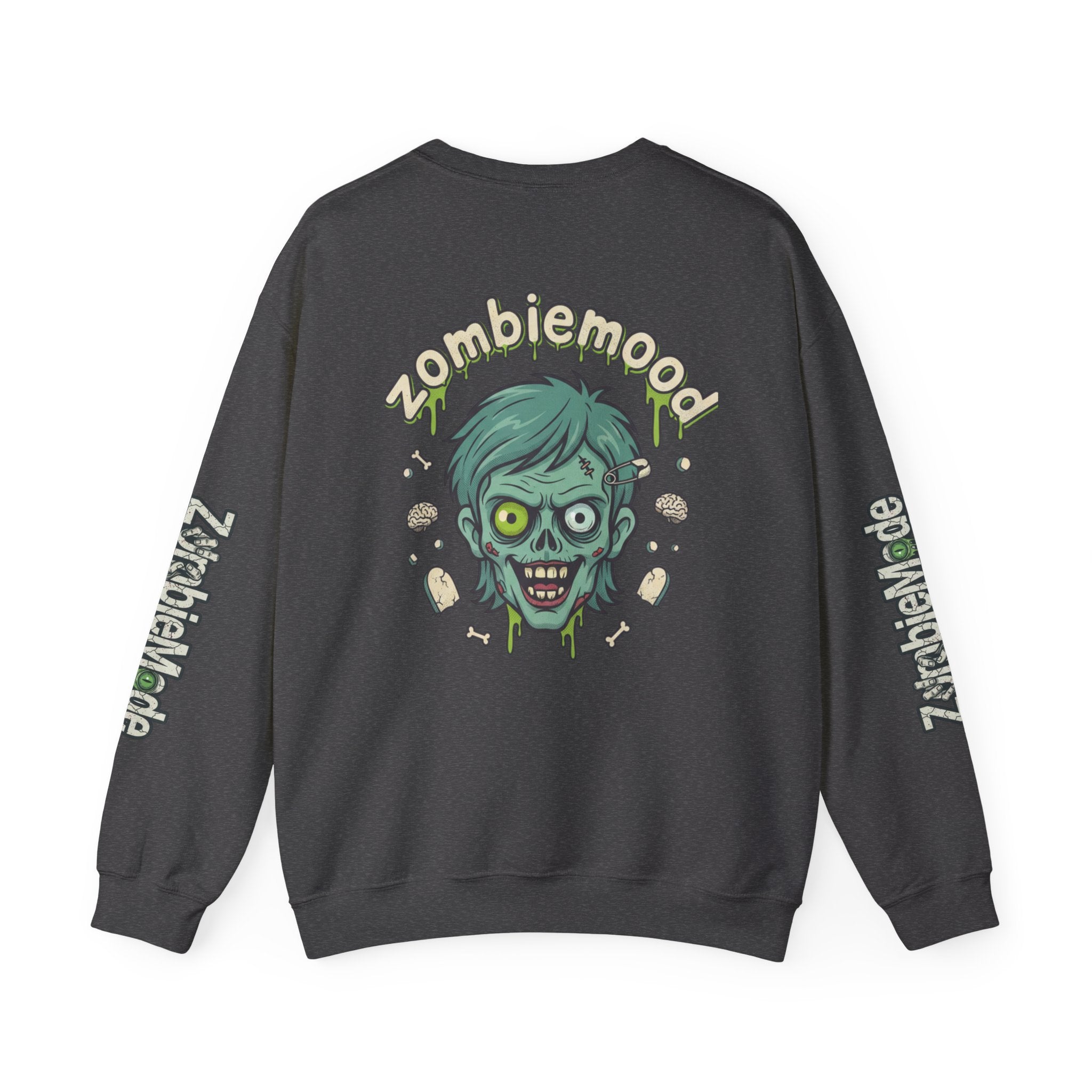 ZombieMood Crewneck Sweatshirt — Graphic Zombie Head Back Print with Sleeve Logos