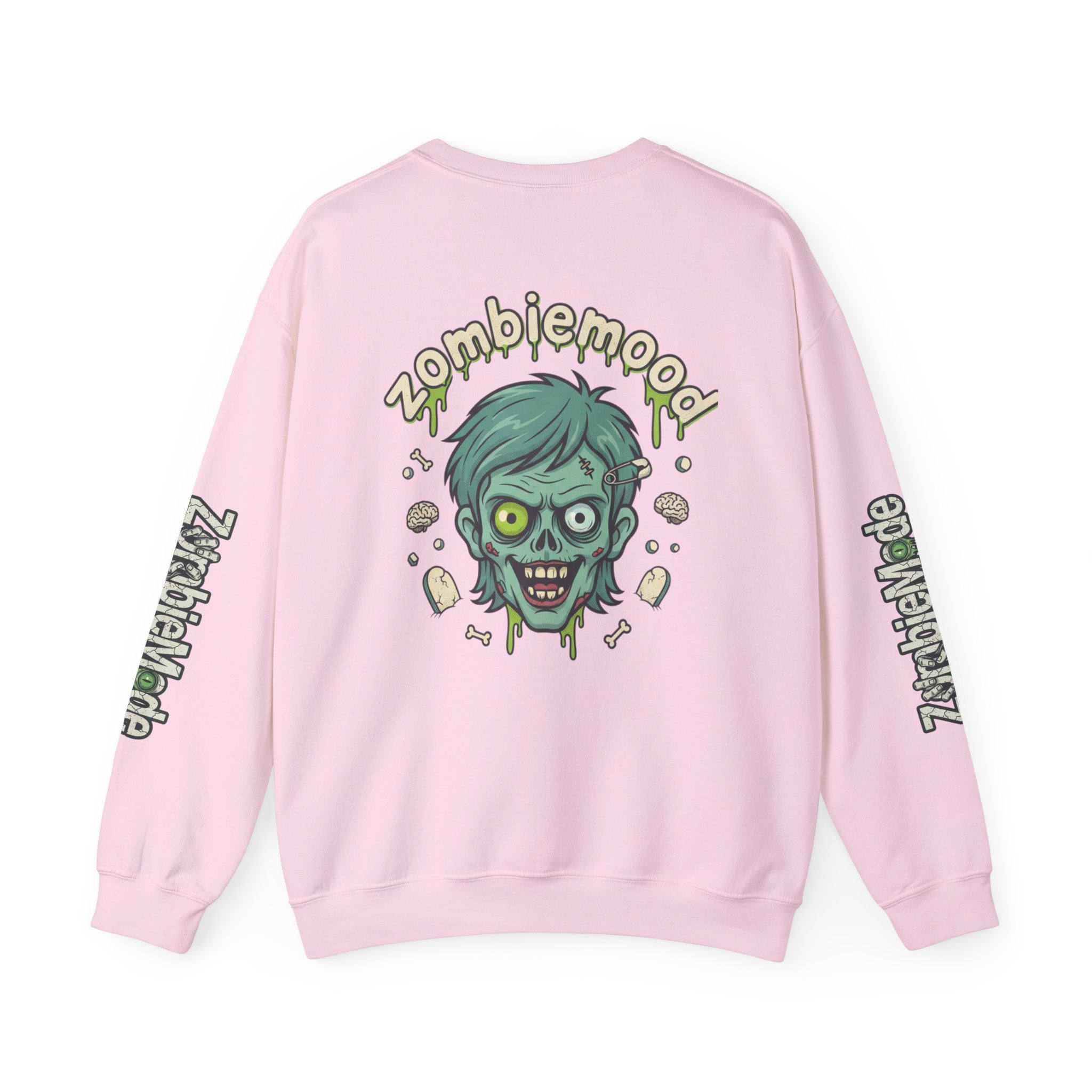 ZombieMood Crewneck Sweatshirt — Graphic Zombie Head Back Print with Sleeve Logos