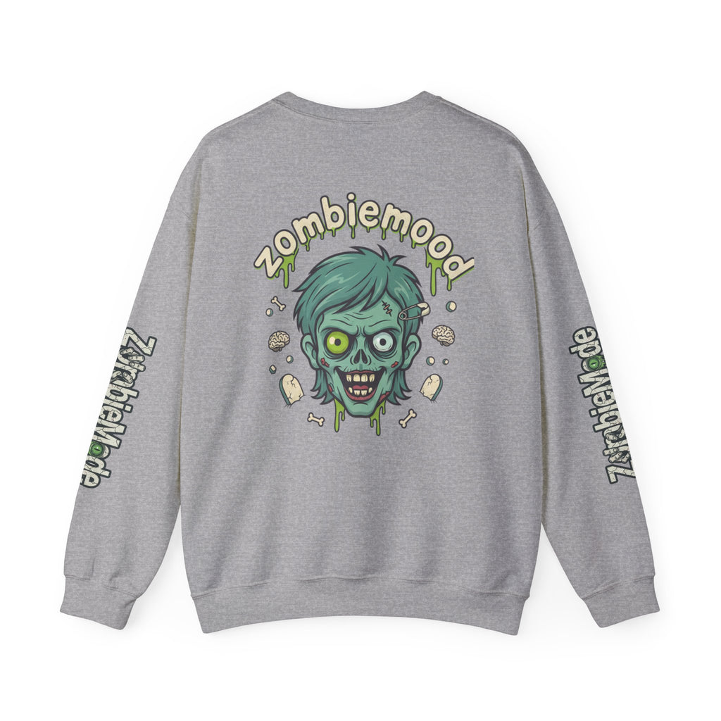 ZombieMood Crewneck Sweatshirt — Graphic Zombie Head Back Print with Sleeve Logos