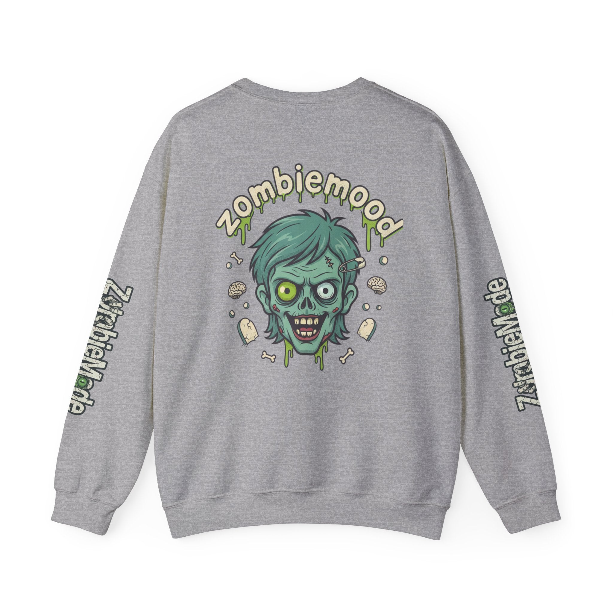 ZombieMood Crewneck Sweatshirt — Graphic Zombie Head Back Print with Sleeve Logos