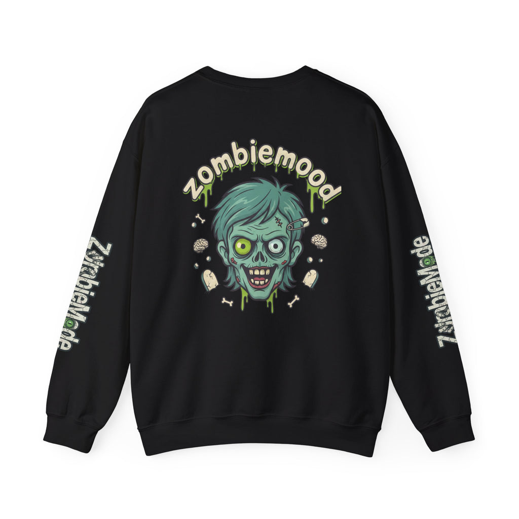 ZombieMood Crewneck Sweatshirt — Graphic Zombie Head Back Print with Sleeve Logos
