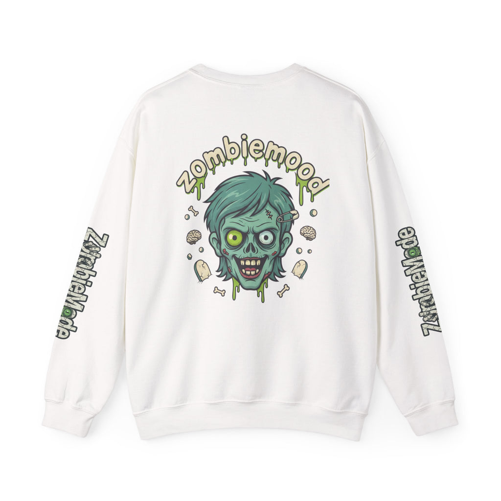 ZombieMood Crewneck Sweatshirt — Graphic Zombie Head Back Print with Sleeve Logos